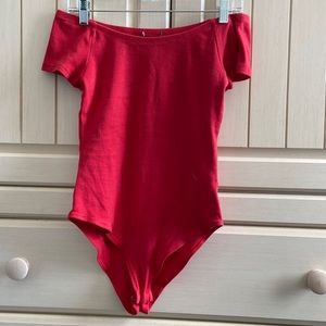 off the shoulder red bodysuit